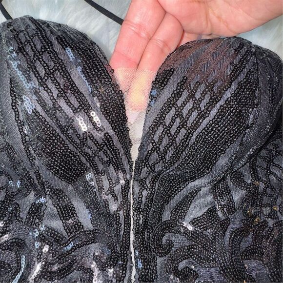 Black Sequin Homecoming Party Date Strapless Mini Dress Crisscross Back Size 2 - Picture 6 of 13